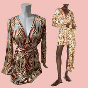 Zara Boho Geometric Print Mini Dress Size L – Tie Waist Flowy Sleeves